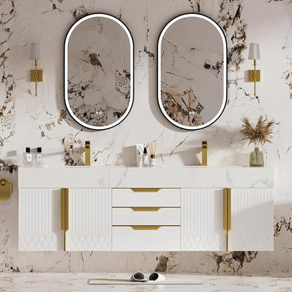 homary 60" Floating Bathroom Vanity Set with Double Sink, Modern Bathroom Sink Cabinet Storage Cabinet with Sintered Stone Countertop and Ample Storage, White