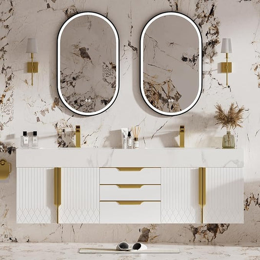 homary 60" Floating Bathroom Vanity Set with Double Sink, Modern Bathroom Sink Cabinet Storage Cabinet with Sintered Stone Countertop and Ample Storage, White