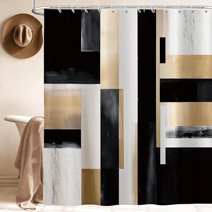 Black and Gold Abstract Shower Curtain Set, Modern Art Aesthetic Oil Painting Shower Curtain, Boho Neutral Artistic Fabric Waterproof Bathroom Curtains with 12PCS Hooks 72X72IN Brown Beige