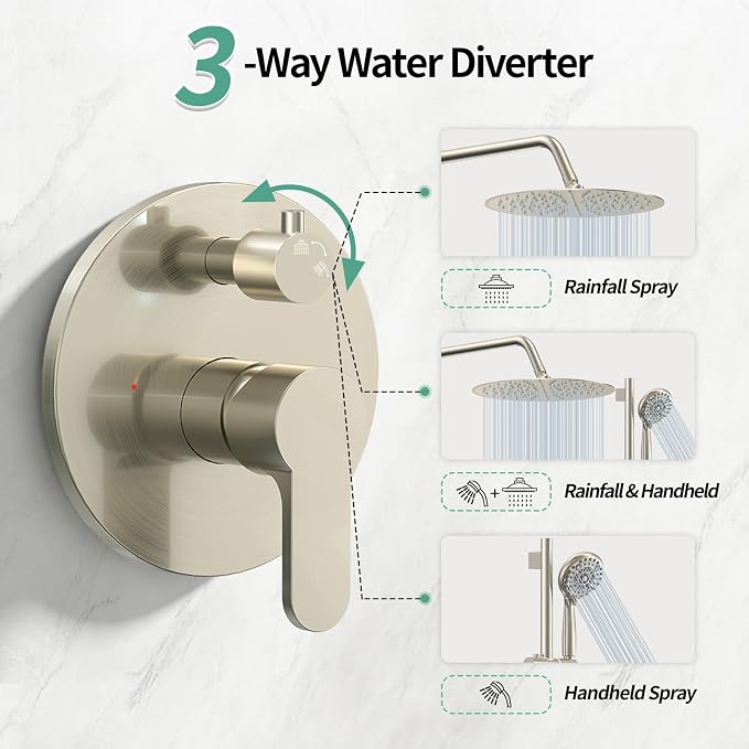 SR SUN RISE 10 Inch Rain Shower System, High Pressure Shower Heads and Handheld 6-Spray Combo Set Slide Bar Shower Faucets Sets Complete Included Valve and Trim Kit for Bathroom, Brushed Nickel