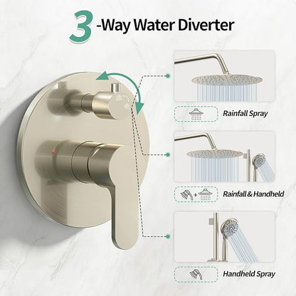 SR SUN RISE 10 Inch Rain Shower System, High Pressure Shower Heads and Handheld 6-Spray Combo Set Slide Bar Shower Faucets Sets Complete Included Valve and Trim Kit for Bathroom, Brushed Nickel