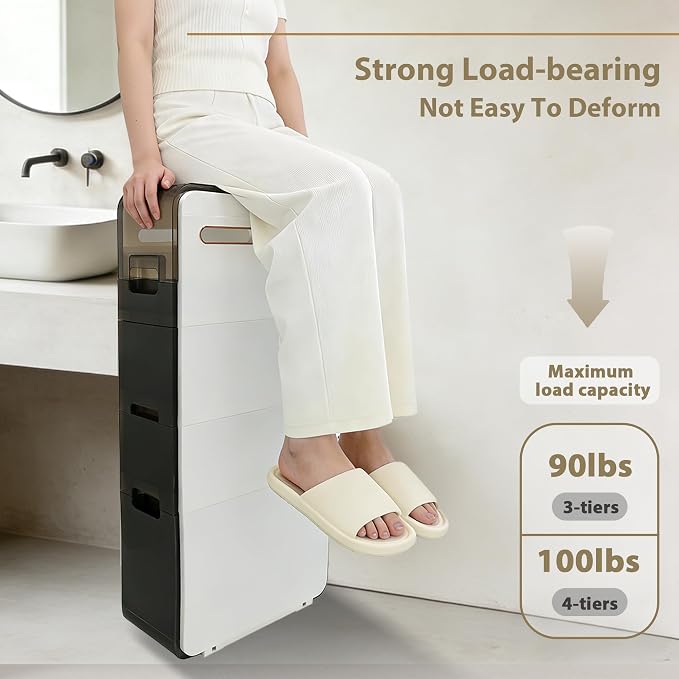 BGYMF 3-Tier Slim Bathroom Storage Cabinet,Narrow Rolling Storage Cart | Ultra Thin Slim Cabinet for Bathroom,No installation required,White Plastic Organizer for Small Spaces, Bathroom, Corner