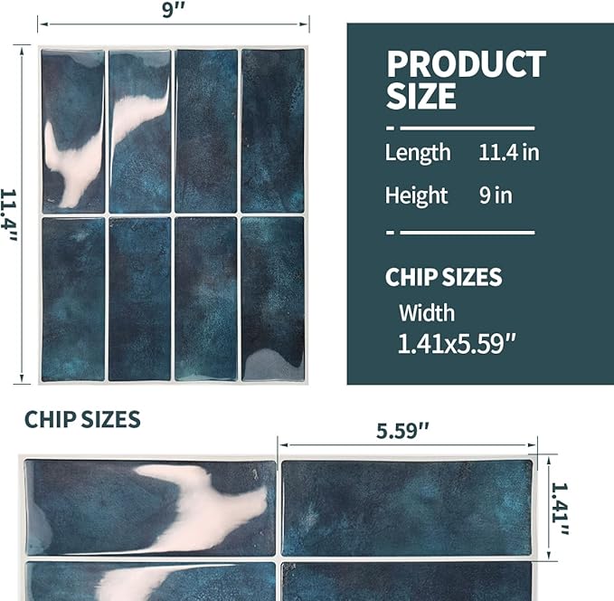 Peel and Stick Backsplash 3D Wall Tiles,Self-Adhesive,Oil Proof,Waterproof, Removable Wall Panels for Kitchen & Bathroom,Modern Design, Easy Install (10.7ft，12x9 inch,14 Pack) (Blue)