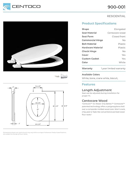 Centoco Elongated Toilet Seat, Heavy-Duty Wood Core with Plastic Scratch-Resistant Finish, Made in the USA, 900-001, White