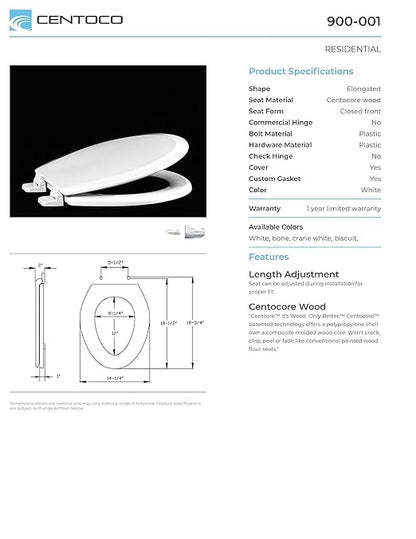 Centoco Elongated Toilet Seat, Heavy-Duty Wood Core with Plastic Scratch-Resistant Finish, Made in the USA, 900-001, White