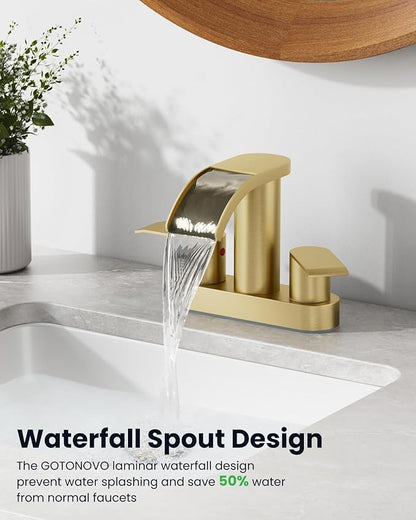 gotonovo 4 Inch Centerset Waterfall Bathroom Sink Faucet Deck Mount 2 Handle Basin Faucets 2 or 3 Hole with Pop Up Drain Included Lavatory Modern Mixer Tap Vanity Faucet Brushed Gold