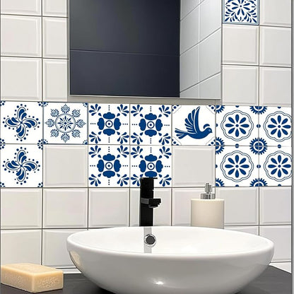 CHGCRAFT 36pcs 9 Styles Mexican Ceramics Blue Tile Stickers Waterproof Tile Stickers Square with Flower Pattern for Kitchen Bathroom Bedroom Wall Floor Decoration, Dodger Blue, 4×4inch