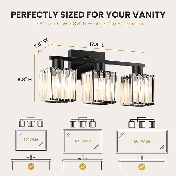 Crystal Bathroom Light Fixtures, 3-Light Matte Black, Vanity Lights for Bathroom Over Mirror, Modern Bath Wall Sconce for Mirror Bedroom Living Room