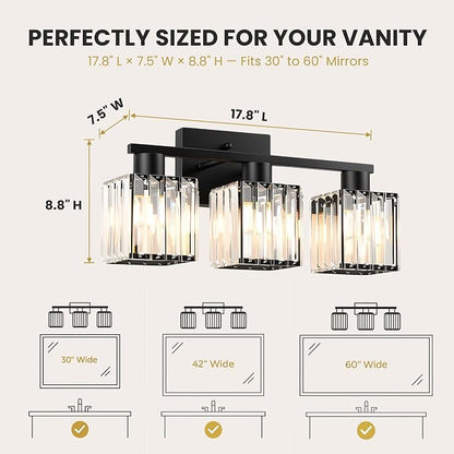 Crystal Bathroom Light Fixtures, 3-Light Matte Black, Vanity Lights for Bathroom Over Mirror, Modern Bath Wall Sconce for Mirror Bedroom Living Room