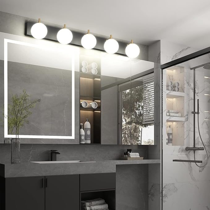 Aipsun Mid Century Modern Bathroom Vanity Light Over Mirror 5 Lights Milky White Globe Glass Black/Golden Bathroom Light Fixture(Exclude Bulb)