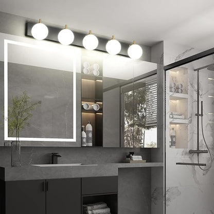 Aipsun Mid Century Modern Bathroom Vanity Light Over Mirror 5 Lights Milky White Globe Glass Black/Golden Bathroom Light Fixture(Exclude Bulb)