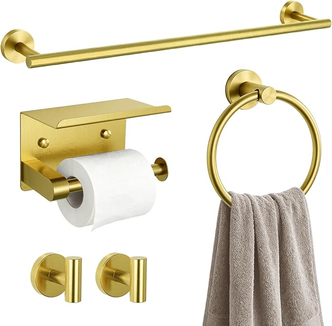 5-Piece Gold Bathroom Accessories Set Complete Wall Mounted | Includes Towel Bar, Paper Holder, Towel Ring, 2 Robe Hooks, durable gold finish and wall anchors