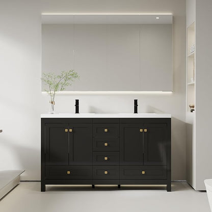 eclife 60" Bathroom Vanities with Sink Combo, Modern Thickened Wood Bathroom Storage Cabinet w/Undermount Double Sink, Matte Black Faucet Drain, Painted Surface, Black