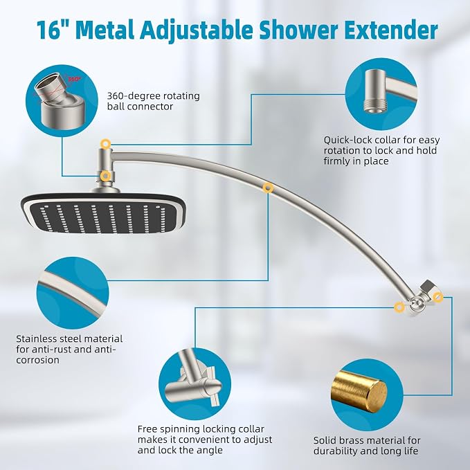 10" Rain Shower Head with 16" Metal Extension Arm, High-Pressure Showerhead | Brushed Nickel, Boosting Rainfall/Fixed Showerhead, Stainless Steel Shower Extender Adjustable Height/Angle, Easy to Install