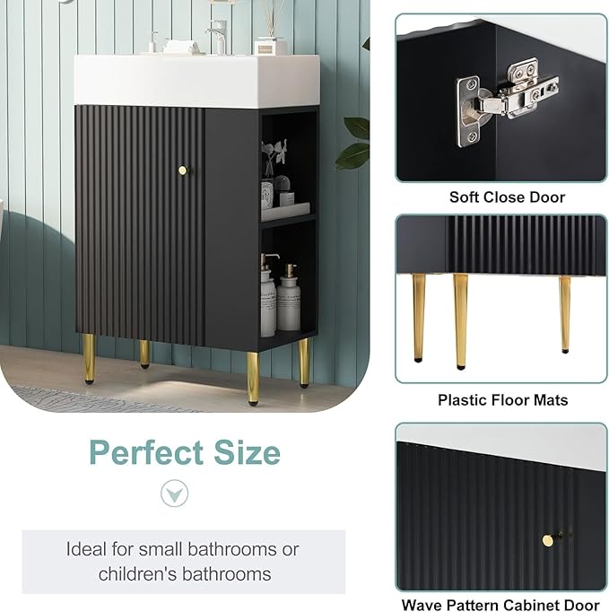 21.6 in Small Bathroom Vanity with Sink,Doors and Storage Shelves,Wood Modern Single Fluted Bathroom Sink Cabinet Freestanding (Black,Right Shelf)