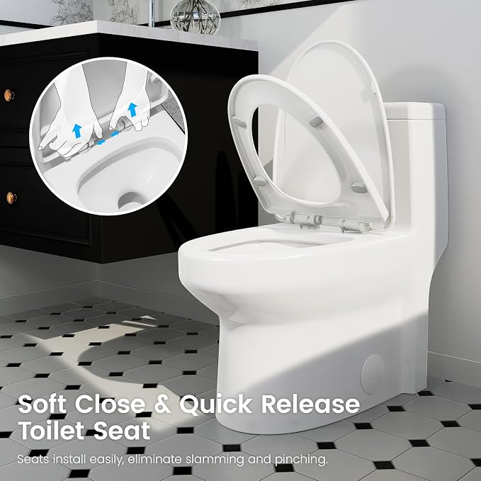 SOTOMO Elongated One Piece Toilet, 12" Rough-In, Compact Design for Bathrooms, 1.1/1.6 GPF Dual Flush toilet, MAP 1000g, Soft-Closing Seat, White Toilet Bowl - 27.75"D x 15.4"W x 27.13"H