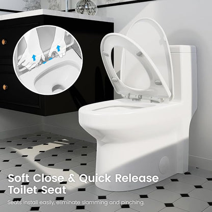SOTOMO Elongated One Piece Toilet, 12" Rough-In, Compact Design for Bathrooms, 1.1/1.6 GPF Dual Flush toilet, MAP 1000g, Soft-Closing Seat, White Toilet Bowl - 27.75"D x 15.4"W x 27.13"H