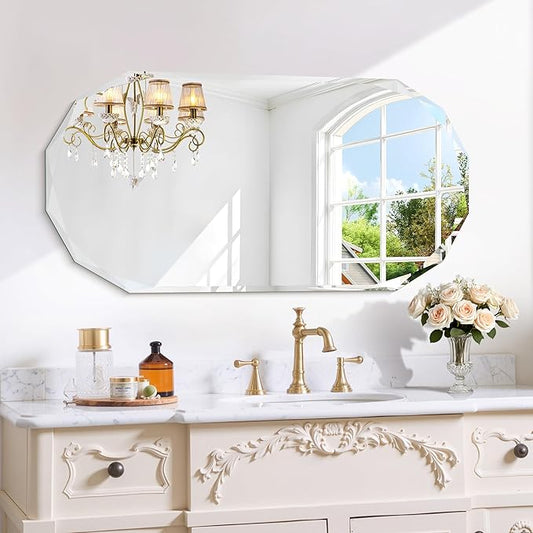 GLASHOM Frameless Bathroom Mirror, 20" x 40" Beveled Oval Wall Mirror for Over Sink, 16 Inch Modern Decorative Vanity Mirror for Bedroom, Living Room, Entryway, Hanging Mirror Horizontal or Vertical