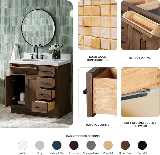 ARIEL Hepburn 36-inch Bathroom Vanity Base Cabinet,Solid Wood, 2 Soft Closing Doors, 5 Dovetail Drawers, Brown Oak