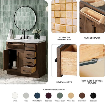 ARIEL Hepburn 36-inch Bathroom Vanity Base Cabinet,Solid Wood, 2 Soft Closing Doors, 5 Dovetail Drawers, Brown Oak