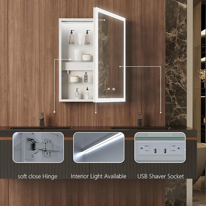 24 in. W Smart Lighted Medicine Cabinet with Mirror for Bathroom, Recessed/Surface Mount Medicine Cabinet with Anti-Fog, 1800W Charging Station, USB Ports, 3 Color Lights, Right Open