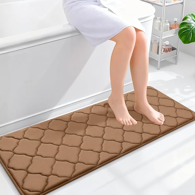 OLANLY Memory Foam Bath Mat Rug 47x17, Ultra Soft and Absorbent Bathroom Rugs, Non-Slip, Comfortable, Machine Washable Bath Carpet for Bathroom Floor, Tub Shower and Home Decor Accessories, Dark Beige