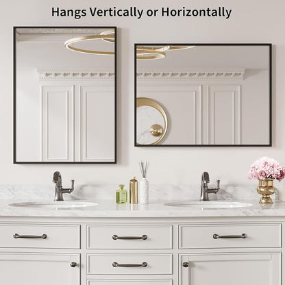 LOAAO 24"X32" Black Rectangle Bathroom Mirror Wall, Matte Black Aluminum Alloy Frame, Tempered Glass, Hangs Vertically or Horizontally, Easy to Install