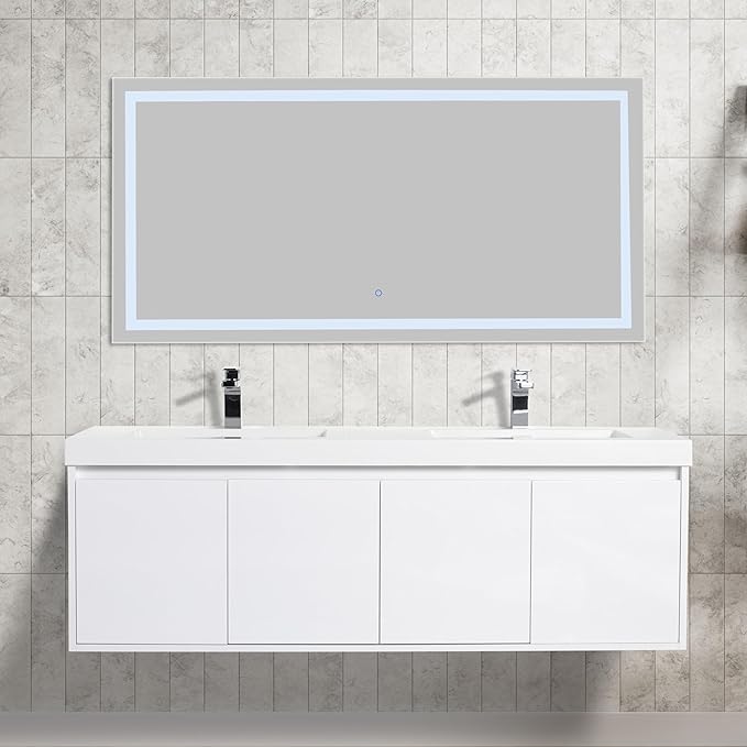 Blossom 60 Inch Wall Mounted Bathroom Vanity with Sink | Floating Wood Vanity Cabinet | Modern Soft-Close Doors & Storage | Space-Saving Design (Glossy White, 60'' Acrylic Double Sink)
