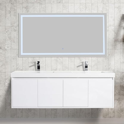 Blossom 60 Inch Wall Mounted Bathroom Vanity with Sink | Floating Wood Vanity Cabinet | Modern Soft-Close Doors & Storage | Space-Saving Design (Glossy White, 60'' Acrylic Double Sink)