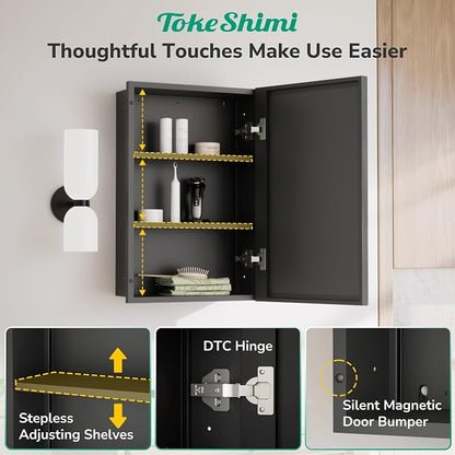 TokeShimi 12x36 Recessed Medicine Cabinet with Mirror Surface Mount, Aluminum Framed Metal Black Medicine Cabinet Mirrored, Bathroom Beveled Mirror with Storage Adjustable