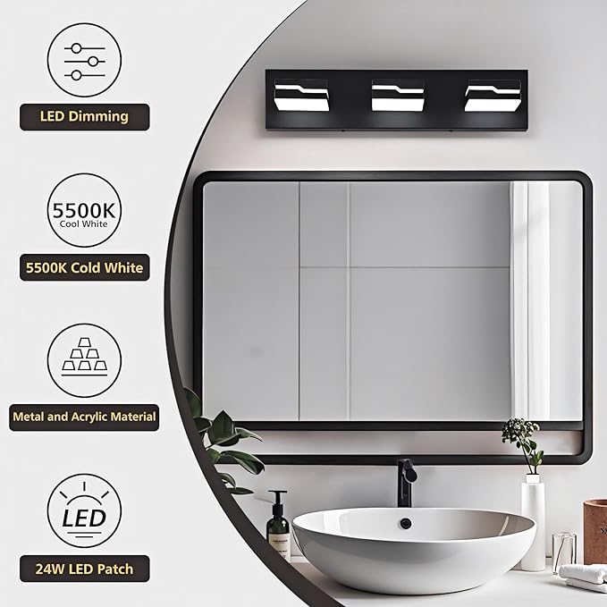 LED Modern Bathroom Vanity Light Fixtures 3-Light, 19 inch Dimmable Matte Black Vanity Lights for Bathroom Lighting Fixtures Over Mirror, with 350°Rotatable Acrylic Heads(White Light 5500K)