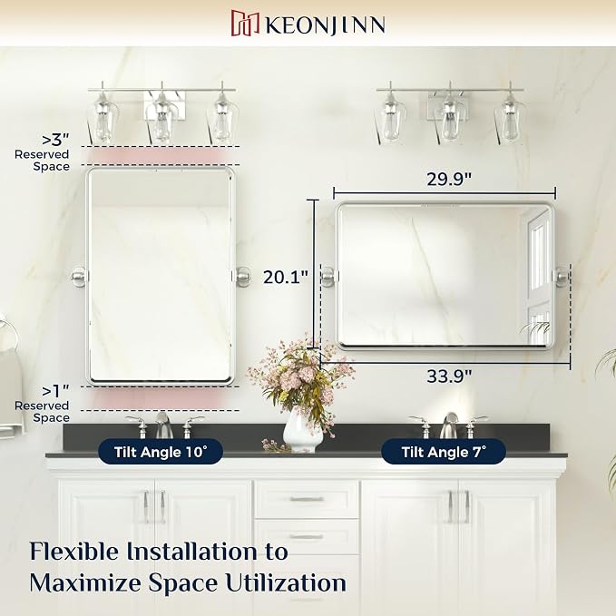 Keonjinn 20x30 Inch Brushed Nickel Povit Mirror for Bathroom, Tilt Mirror | Tenmpered Glass, Rectangle, Adjustable Bathroom Mirrors for Over Sink, Farmhouse, Metal Framed, Horizontal/Vertical