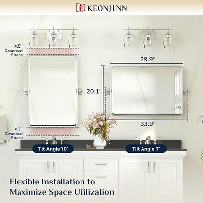 Keonjinn 20x30 Inch Brushed Nickel Povit Mirror for Bathroom, Tilt Mirror | Tenmpered Glass, Rectangle, Adjustable Bathroom Mirrors for Over Sink, Farmhouse, Metal Framed, Horizontal/Vertical