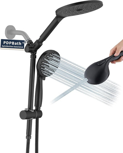 PDPBath High Pressure Rainfall Shower Head with Handheld Combo, 10 Setting Handheld Shower Head, Dual Handheld Shower Head Combo with Slide Bar for Easy Reach, Matte Black