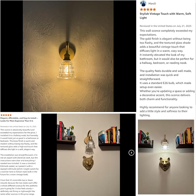 Gold Bathroom Wall Sconce, 1-Light Modern Brushed Gold Sconce Light Fixture | with Clear Glass Shade, Vintage Farmhouse Hardwired Wall Mount Lighting for Mirror Bedroom Hallway Kitchen Living Room