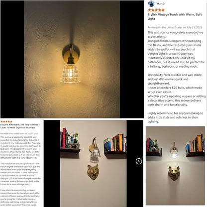 Gold Bathroom Wall Sconce, 1-Light Modern Brushed Gold Sconce Light Fixture | with Clear Glass Shade, Vintage Farmhouse Hardwired Wall Mount Lighting for Mirror Bedroom Hallway Kitchen Living Room