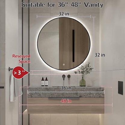 Niccy Round LED Bathroom Mirrors, Black Framed Backlit Vanity Mirror, 32" | LED Smart Circle Mirror with 3 Color Lighting, Anti-Fog Lighted, IP65 Waterproof, Wall Mounted Bathroom Vanity