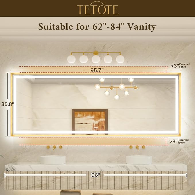 96 x 36 Bathroom LED Mirror Brushed Gold Metal Frame Frontlit & Backlit Vanity Mirror Anti-Fog Stepless Dimmable 3 Colors White/Warm/Natural Wall-Mounted
