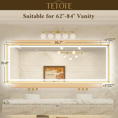 96 x 36 Bathroom LED Mirror Brushed Gold Metal Frame Frontlit & Backlit Vanity Mirror Anti-Fog Stepless Dimmable 3 Colors White/Warm/Natural Wall-Mounted