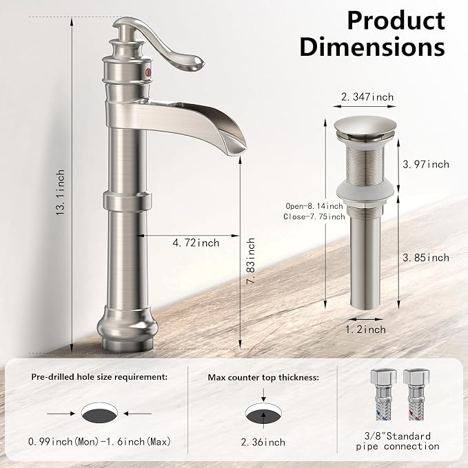 Brushed Nickel Vessel Sink Faucet Brass Tall Waterfall Bathroom Faucet | Single Handle Bathroom Sink Faucets with Pop Up Drain Without Overflow and Supply Hoses Mixer Tap Deck Mount by BATHLAVISH