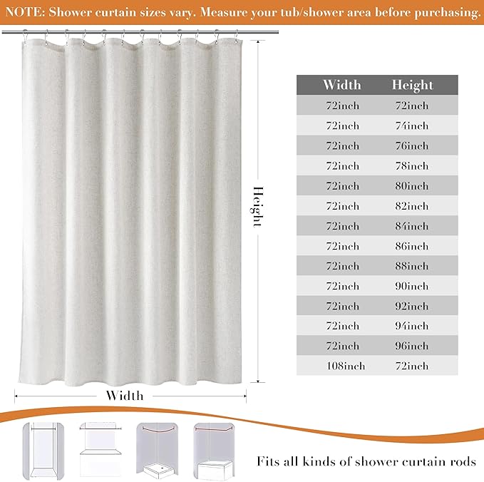 Extra Wide Linen Shower Curtain for Bathroom 108 Inch White Solid | 10ft Ceiling to Floor Wrap Around Bath Curtains with Hook, Neutral Farmhouse, Simple Luxury Shower Decor, 1 Panel, 108x72