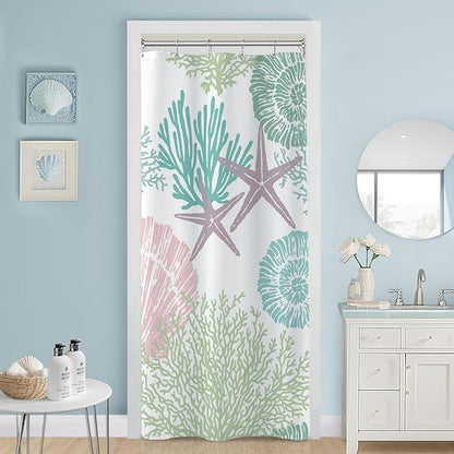 Small Stall Shower Curtain 36 x 72 Inch, Half Narrow Pink Green Nautical Coastal Bathroom Shower Curtains, Summer Tropical Seashell Starfish Coral Beach Ocean Themed Shower Curtain