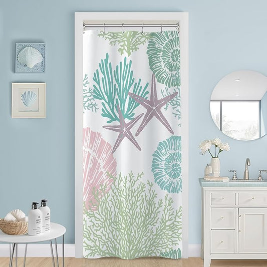 Small Stall Shower Curtain 36 x 72 Inch, Half Narrow Pink Green Nautical Coastal Bathroom Shower Curtains, Summer Tropical Seashell Starfish Coral Beach Ocean Themed Shower Curtain