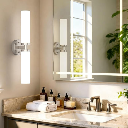 Wall Sconces Set of 2 Hardwired Bathroom Light Fixtures E26 Base | Brushed Nickel, 22Inch, Modern Vanity Wall Lighting with Milky White Glass Shade, for Mirror Hallway Bedroom Living Room