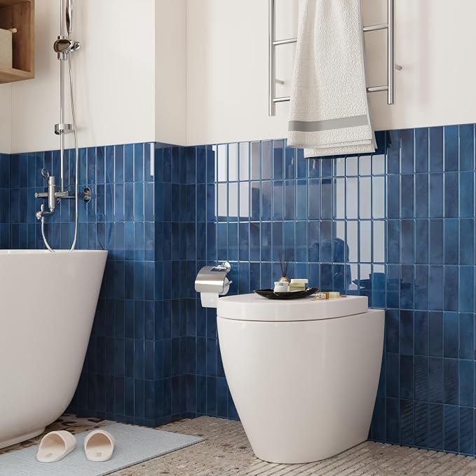 CRE8TIVE 16 Sheets Straight Linear Peel and Stick Tile for Bathroom Kitchen Backsplash Tiles Peel and Stick on Blue Tile Self Adhesive Rectangular Subway Tiles for Laundry Room Shower Walls 12"x12"