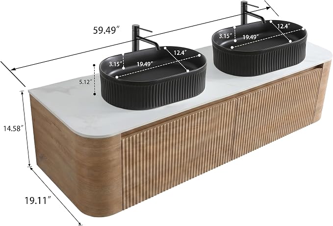 60" Preassembled Double Floating Bathroom Vanity with Black Sink, Oak | Mid-Century Modern Style, Fluted & Soft-Close Drawer with U-shaped Wall, Sinterted Stone Countertop, Towel Rack Included