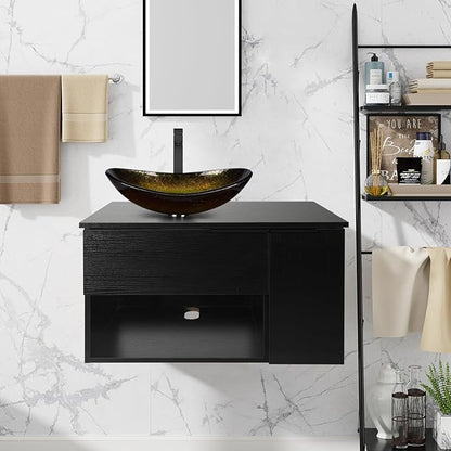 28-Inch Black Floating Bathroom Vanity with 1-Door and 1-Drawer, Modern Wall Mounted Cabinet with Gold Boat Vessel Sink Top