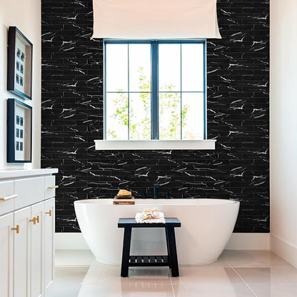 80-Piece Black Marquina Peel and Stick Backsplash Tile, 2"x 8" PVC Subway Tiles, Stick on Backsplash for Kitchen/Bathroom/Fireplace