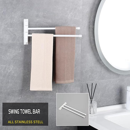 GERZWY Bathroom 2-Arm Swing Arm Towel Bars Wall Mount Stainless Steel Bath Towel Rack Hanger, White