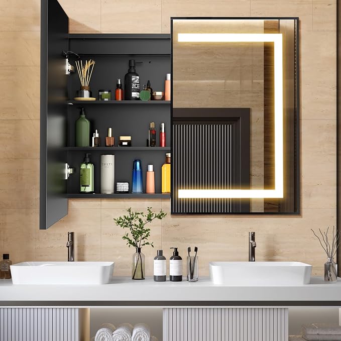 APRILSOUL 40x32 Inch Lighted Bathroom Medicine Cabinet with Mirror, Black Recessed or Surface Mount Medicine Cabinet Mirror with Storage and LED Lights, 3 Colors Temperature, Dimmable Light